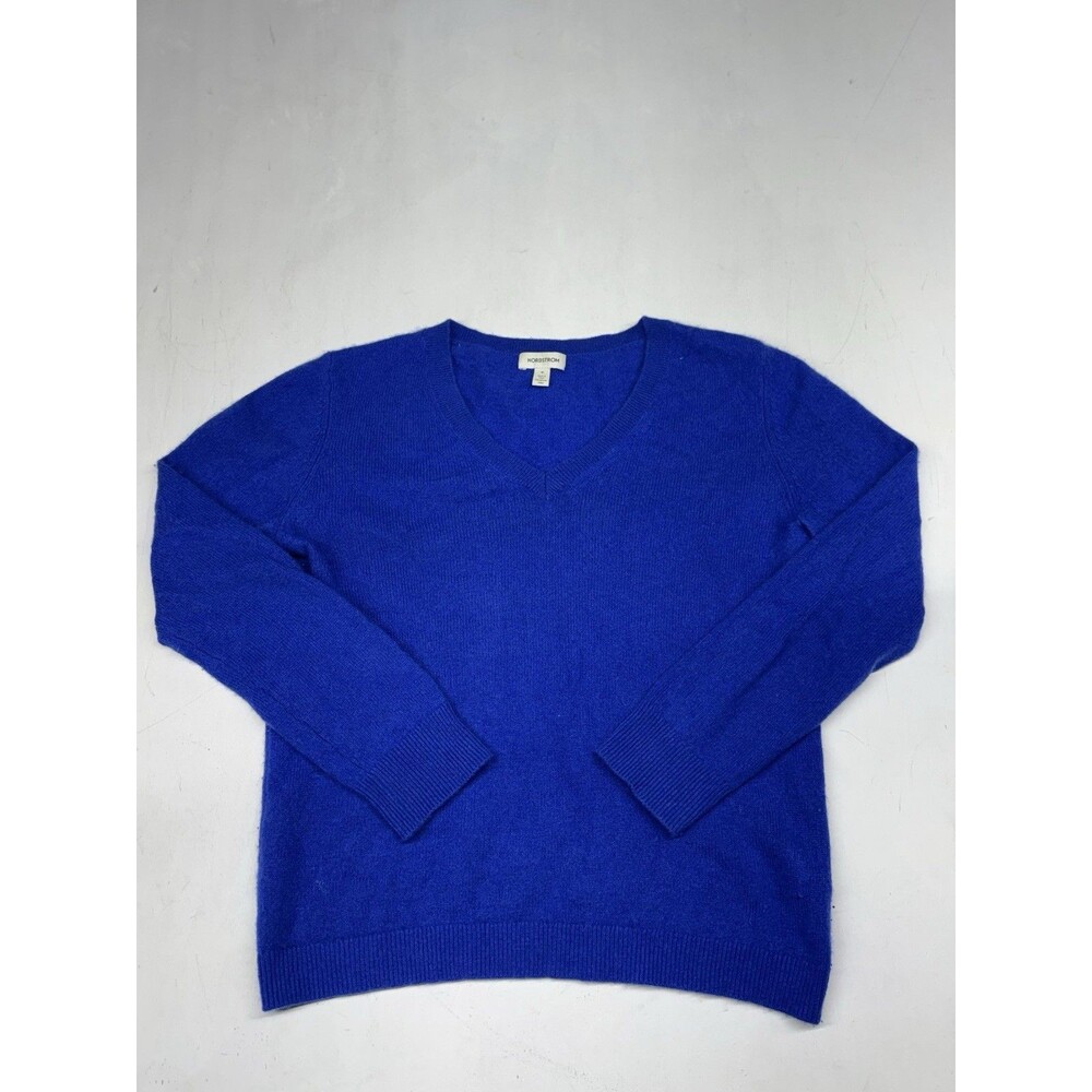 Nordstrom 100% Cashmere Pullover Sweater Womens Medium Blue Knit V-Neck Luxury